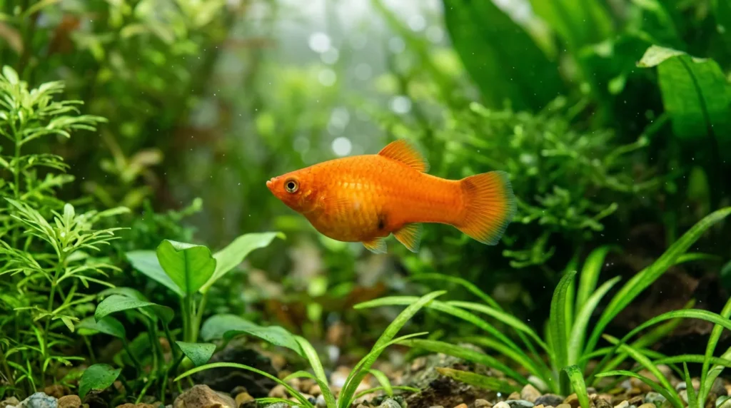 Fêmea de platy laranja com a barriga arredondada, prenha