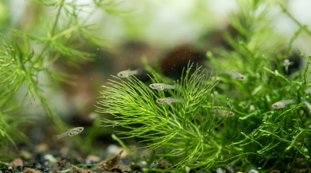 Filhotes recém-nascidos de guppy escondidos entre plantas finas do aquário