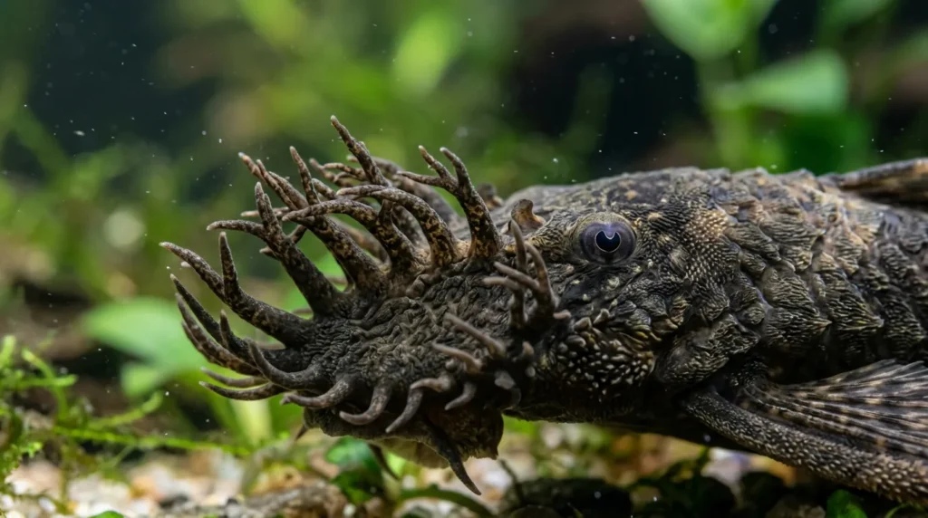 Focinho do ancistrus macho adulto, coberto de tentáculos carnudos ramificados