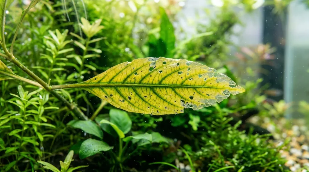 Folha de planta aquática com furinhos e amarelada entre as nervuras