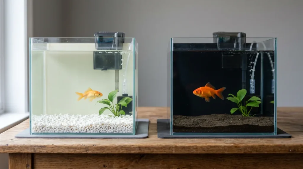 Dois aquários lado a lado mostrando como o fundo escuro realça a cor do peixe