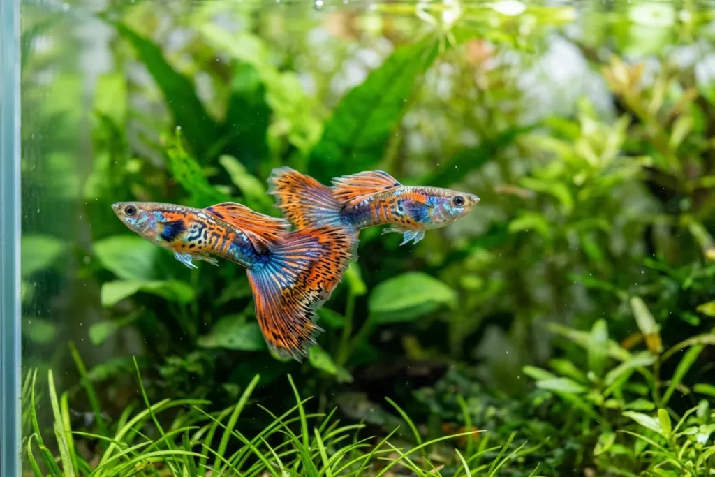 Dois guppies machos de cauda colorida em aquário plantado