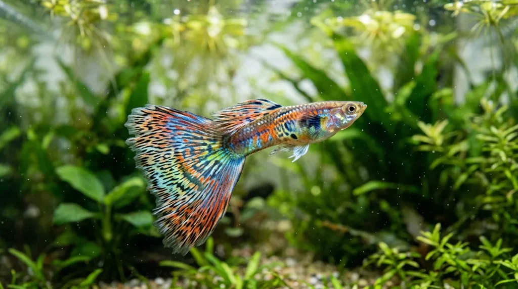 Guppy macho de cauda muito grande em relação ao corpo, nadando com dificuldade