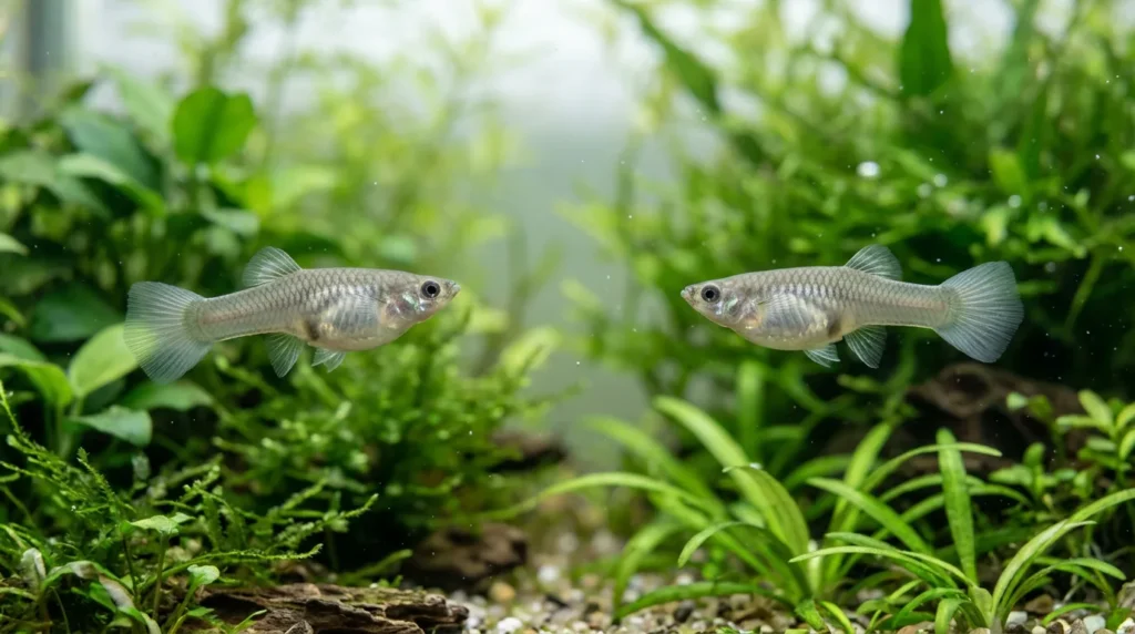 Duas fêmeas de guppy, prateadas e sem cores, nadando em aquário plantado