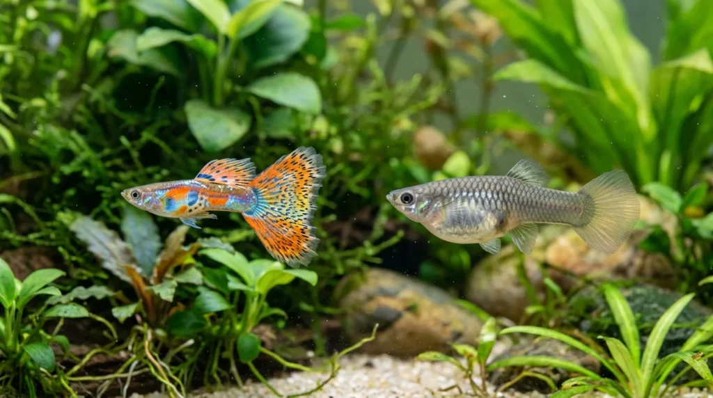 Guppy macho colorido ao lado da fêmea, maior e sem cor
