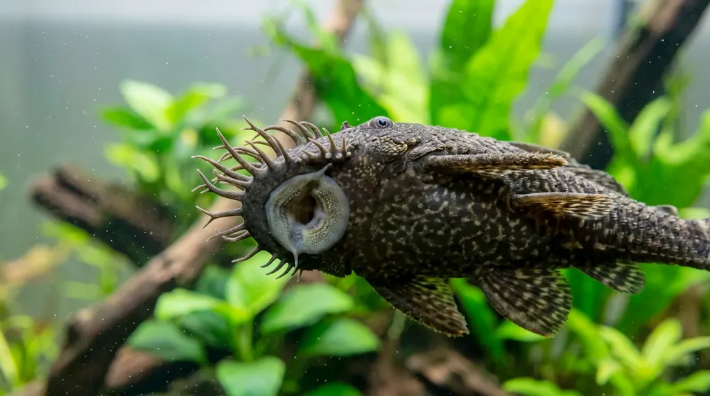 Cascudo ancistrus grudado no vidro do aquário, com os tentáculos do focinho à mostra