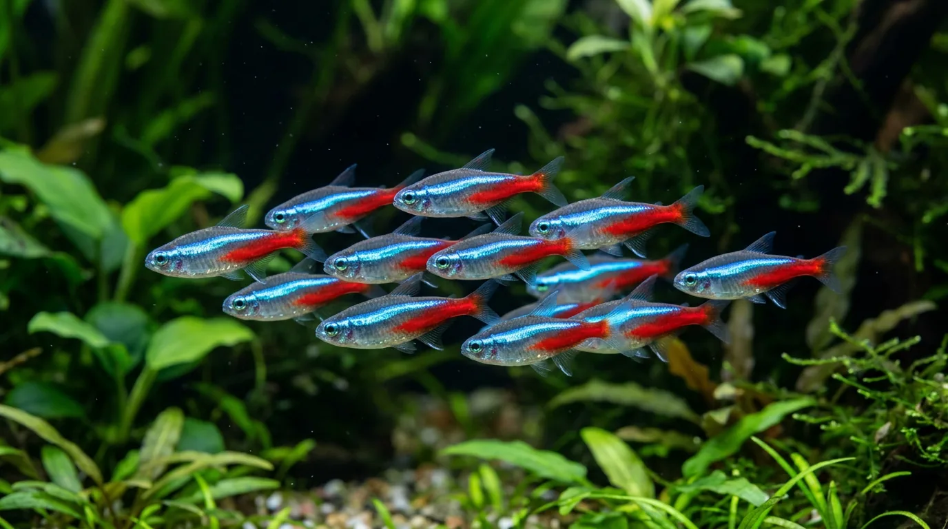Cardume de tetras-neon nadando junto em aquário plantado de água doce