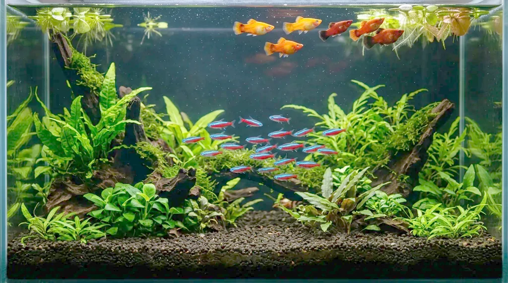 Aquário com fundo escuro realçando peixes laranja e tetras azuis e vermelhos