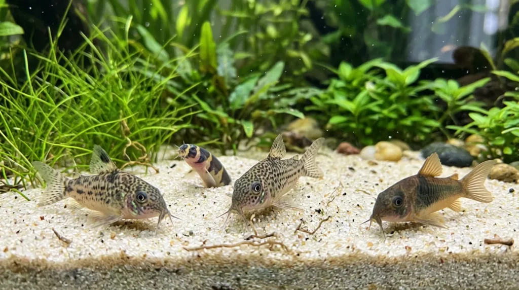 Coridoras e um kuhli procurando comida na areia do fundo do aquário
