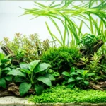 Aquário plantado bem iluminado, com anúbias, musgo e vallisneria em destaque