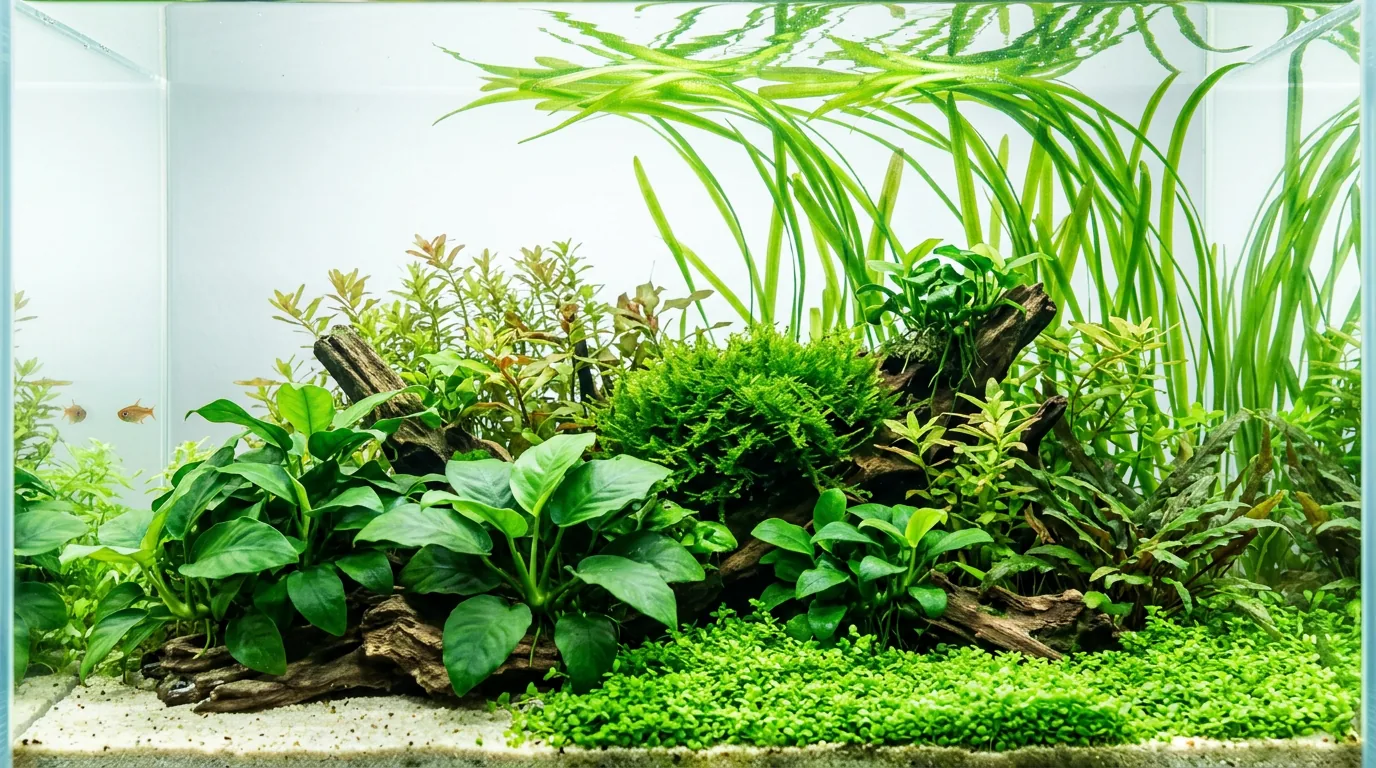 Aquário plantado bem iluminado, com anúbias, musgo e vallisneria em destaque