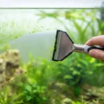 Mão removendo alga verde do vidro de um aquário plantado com um raspador