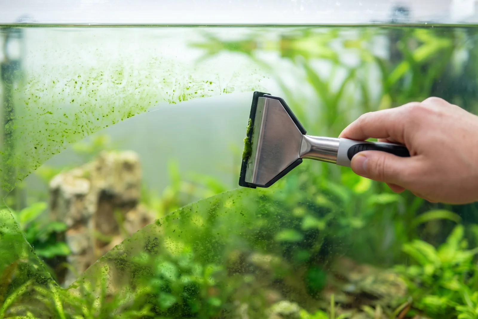 Mão removendo alga verde do vidro de um aquário plantado com um raspador