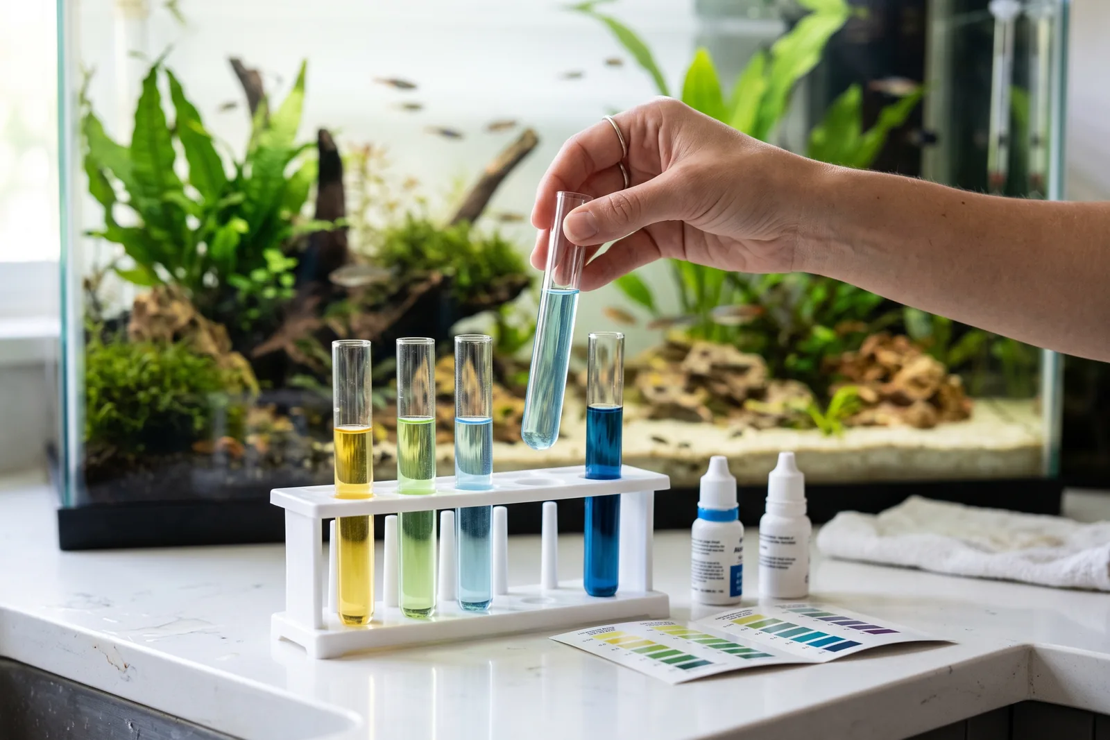 Tubos de teste de água de aquário com cores diferentes ao lado da tabela de leitura