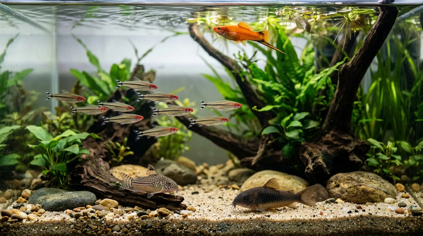 Aquário comunitário com peixes de superfície, de meio e de fundo ao mesmo tempo