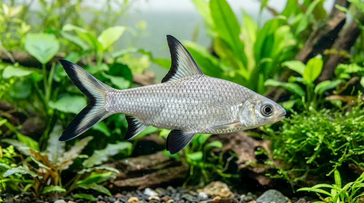 Tubarão-prata, peixe prateado de nadadeira dorsal alta vendido como tubarão de aquário