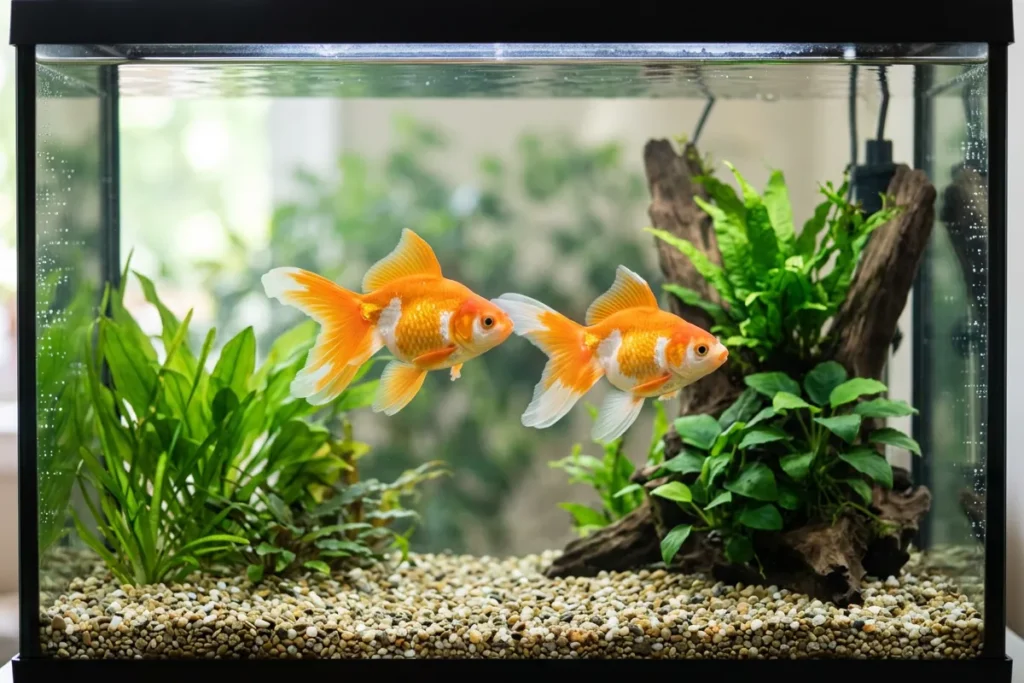 Dois kinguiós nadando em aquário retangular com espaço, plantas e tronco