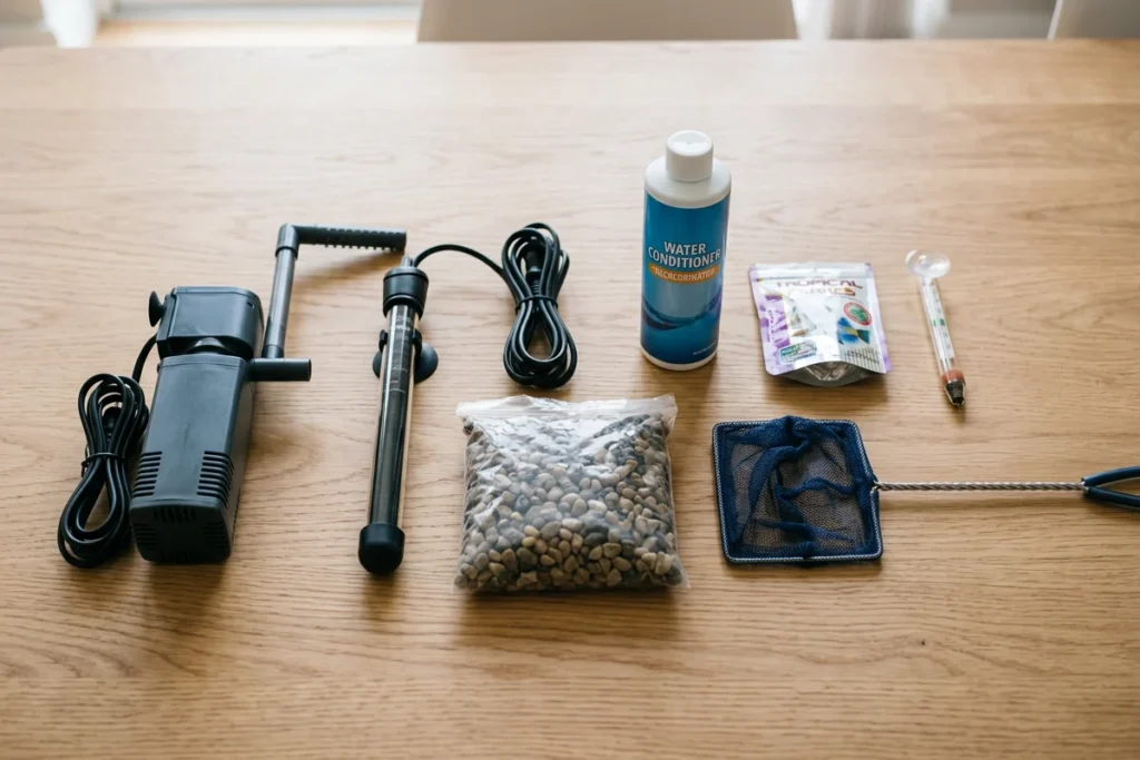 Equipamentos básicos de aquário dispostos sobre a mesa