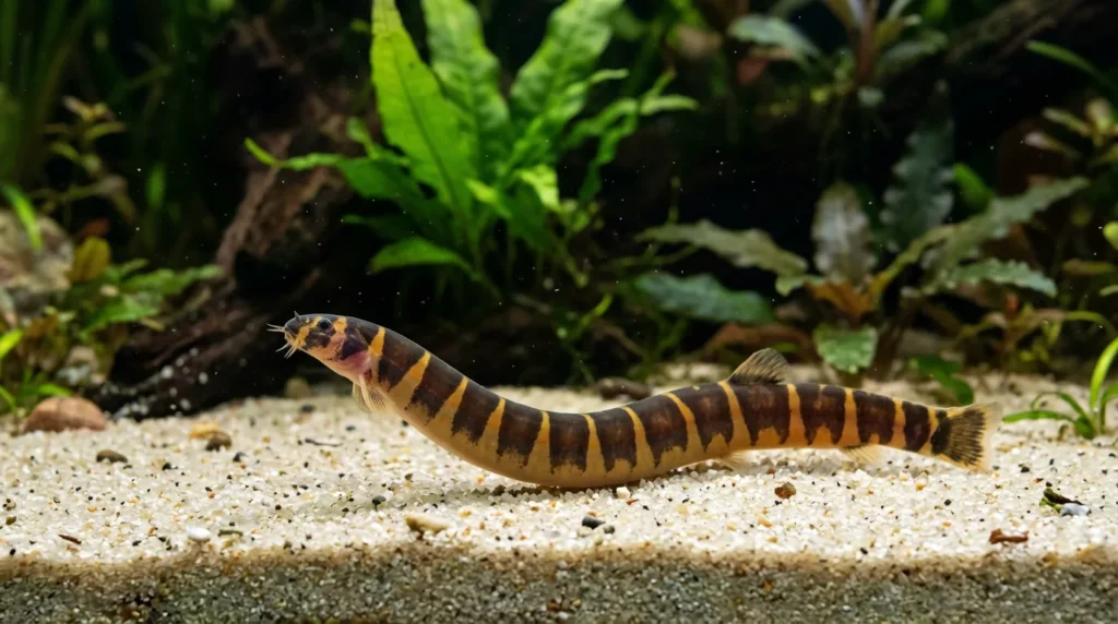 Kuhli, peixe alongado listrado de marrom e amarelo, sobre a areia do aquário