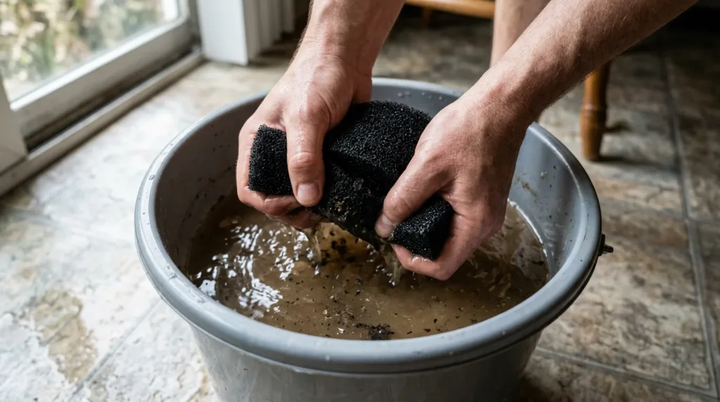 Mãos apertando uma esponja de filtro dentro de um balde com água do aquário, a água já escurecida