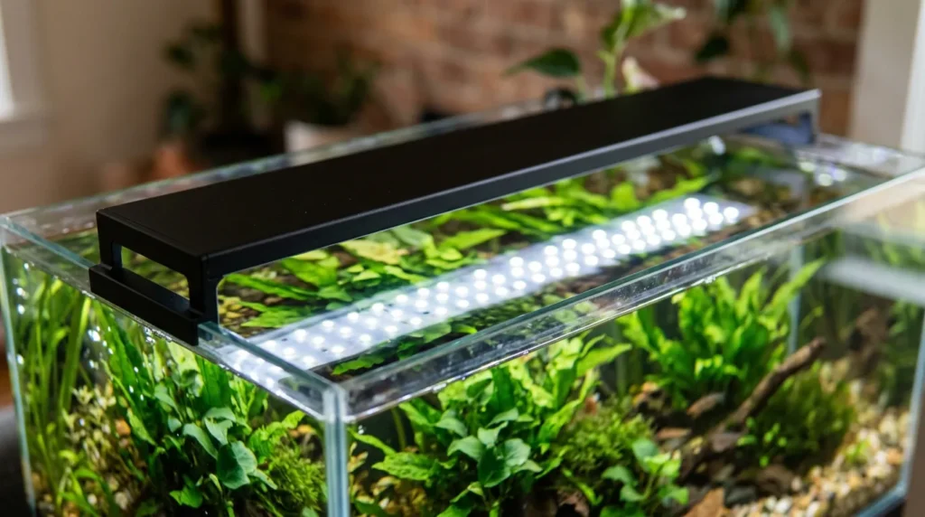 Luminária de LED instalada sobre a tampa de um aquário de água doce