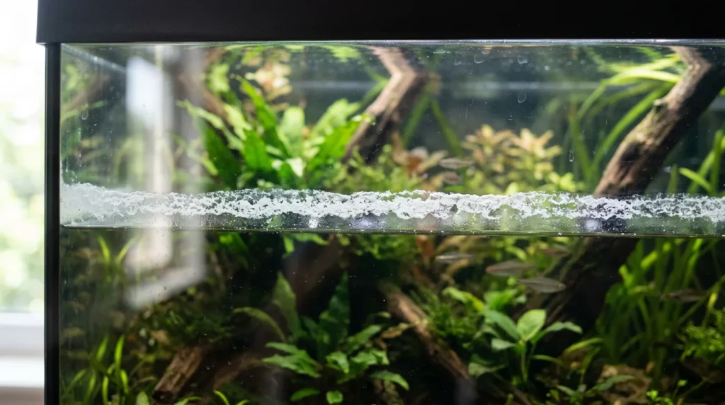 Faixa branca de resíduo mineral no vidro do aquário, na altura da linha d'água