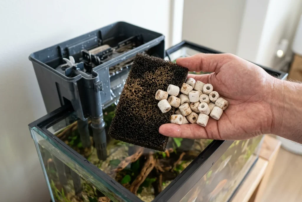 Esponja e anéis cerâmicos do filtro, onde vivem as bactérias do aquário