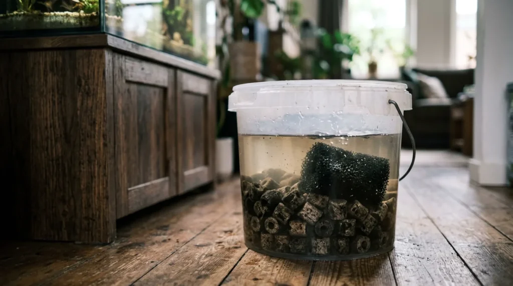 Mídia biológica do filtro submersa em balde com água do aquário