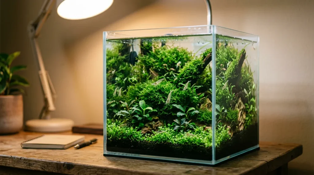 Nano aquário cubo densamente plantado sobre uma escrivaninha