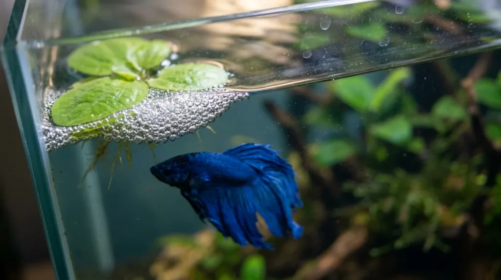 Ninho de bolhas construído pelo betta na superfície do aquário, sob plantas flutuantes