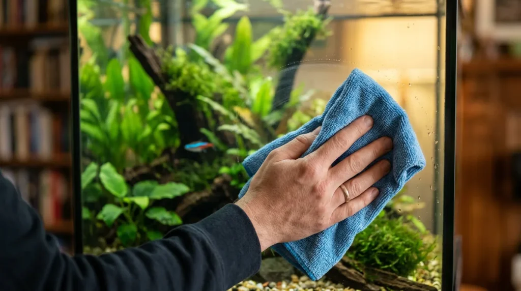 Mão passando pano de microfibra no vidro externo de um aquário plantado