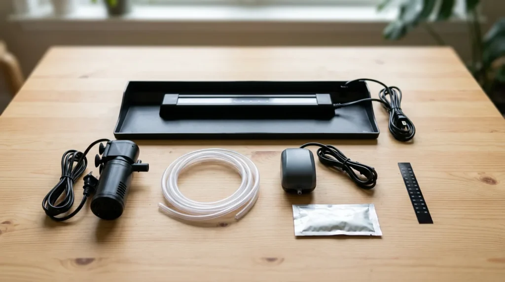 Peças que vêm num kit de aquário completo dispostas sobre a mesa