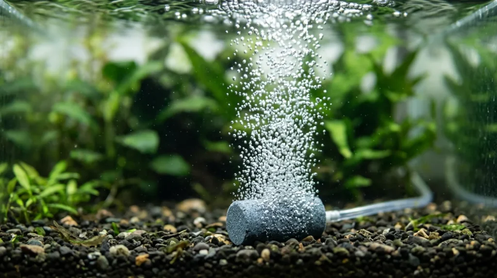 Pedra porosa soltando uma coluna de bolhas finas no fundo do aquário
