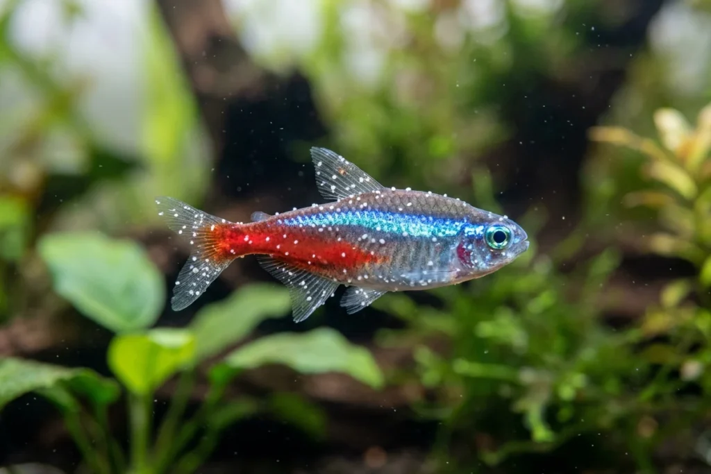 Peixe de aquário com pontos brancos espalhados pelo corpo e nadadeiras