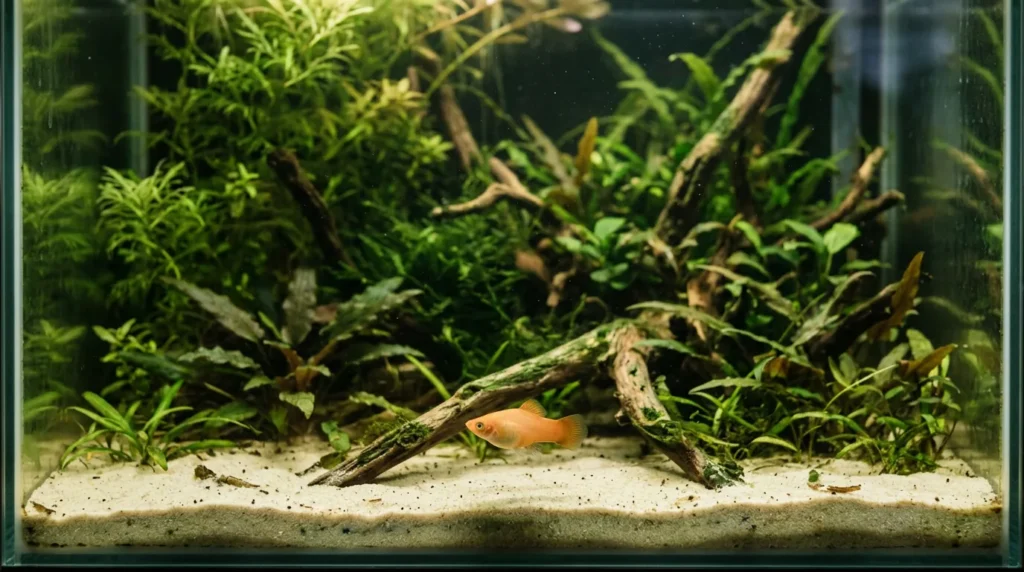 Peixe adulto de cor menos intensa descansando sozinho junto ao fundo do aquário