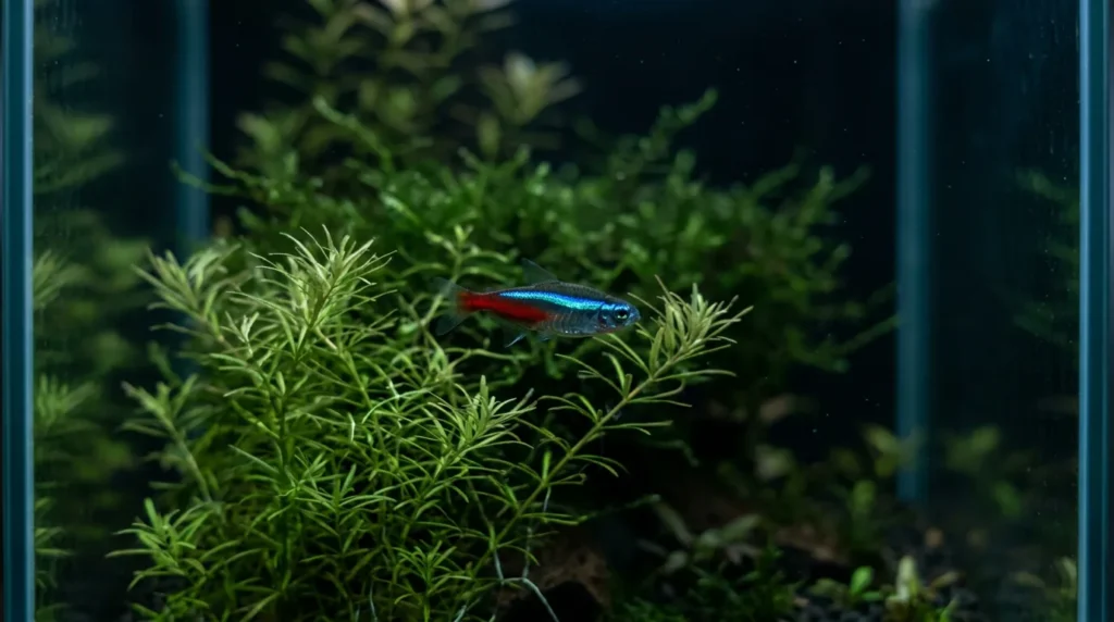 Tetra parado entre as plantas, com a luz do aquário apagada, em repouso noturno