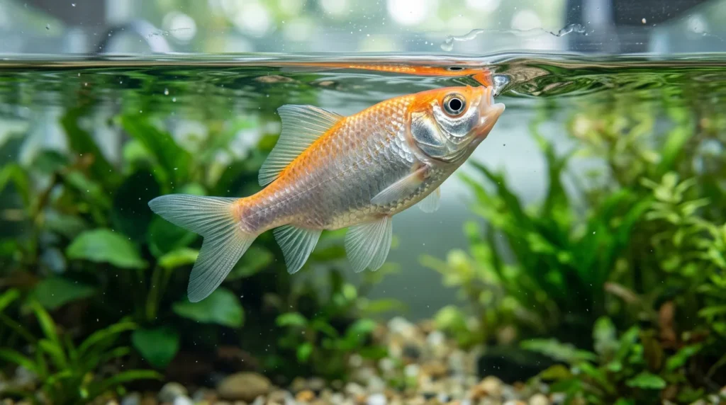 Aquário de água doce com um peixe parado próximo à superfície da água