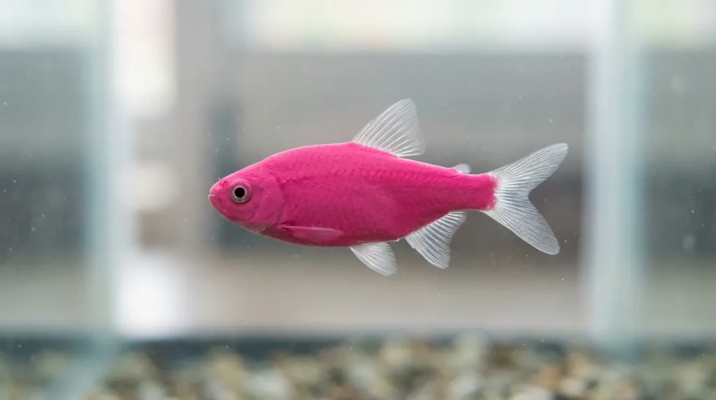 Peixe tingido artificialmente, com cor rosa chapada e nadadeiras incolores