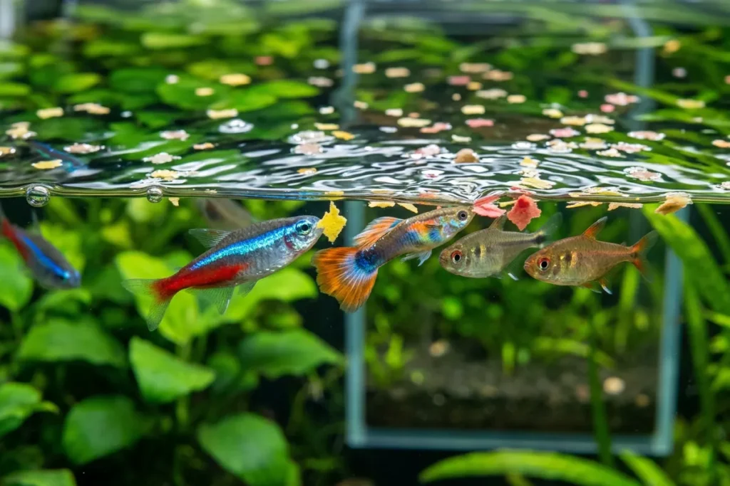Peixes subindo à superfície para comer flocos de ração