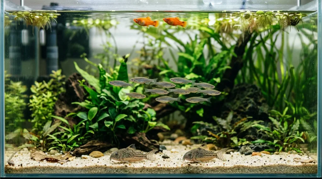 Aquário com peixes ocupando as três camadas: superfície, meio e fundo
