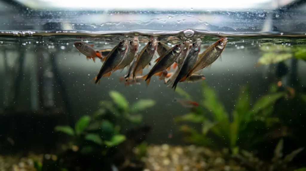 Peixes amontoados na superfície buscando ar, sinal de falta de oxigênio