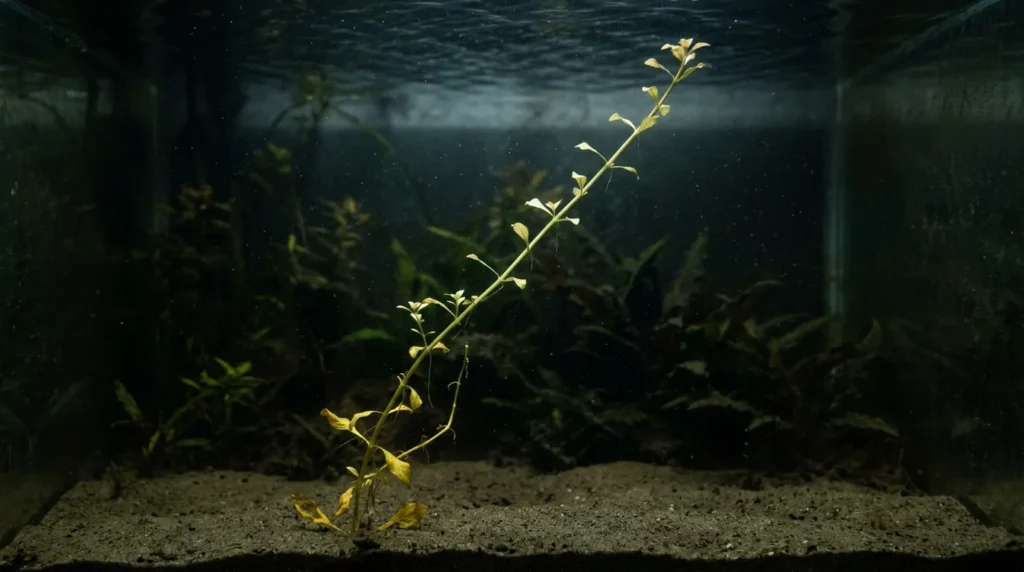 Planta de aquário esticada, com caule longo e folhas pequenas, sinal de falta de luz