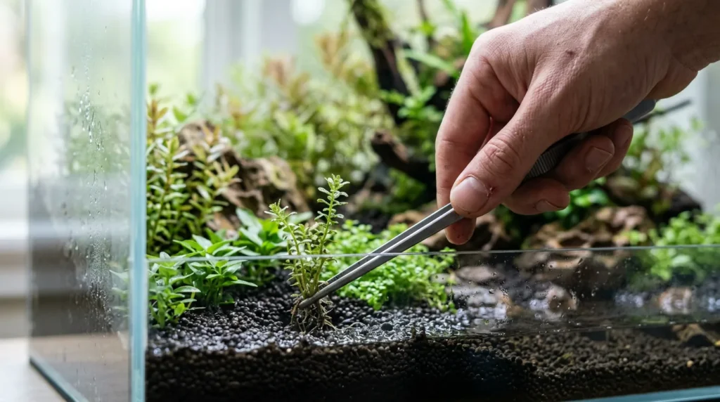 Pinça colocando uma muda de planta no substrato do aquário parcialmente cheio