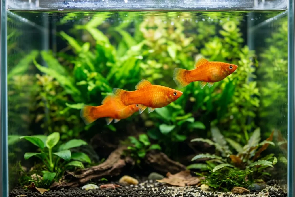 Platys laranja nadando em aquário plantado de água doce