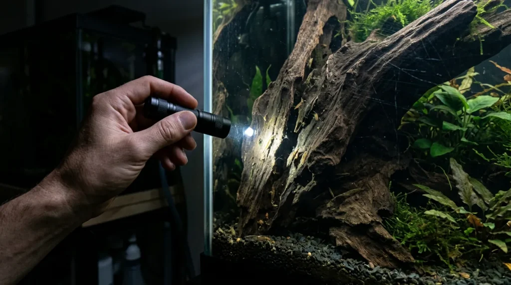 Lanterna iluminando atrás de um tronco decorativo dentro do aquário, procurando um peixe morto