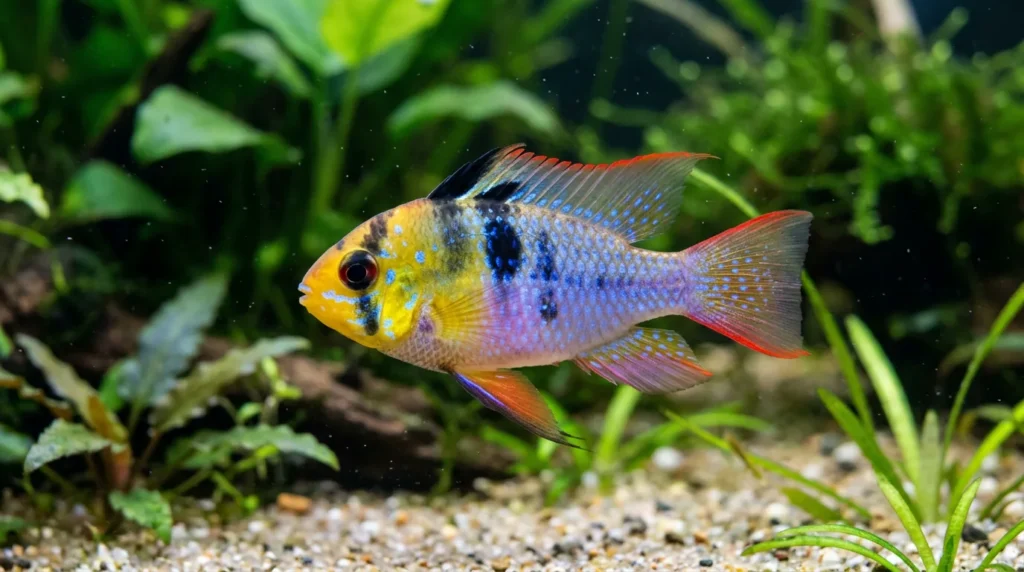 Ramirezi com cabeça amarela, corpo azul pontilhado e nadadeiras vermelhas