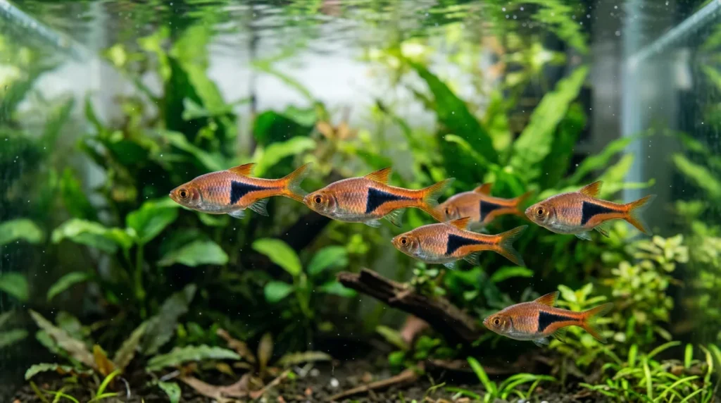 Cardume de rasboras-arlequim com a mancha preta triangular no corpo