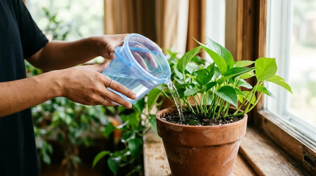 Água retirada do aquário sendo usada para regar uma planta em vaso