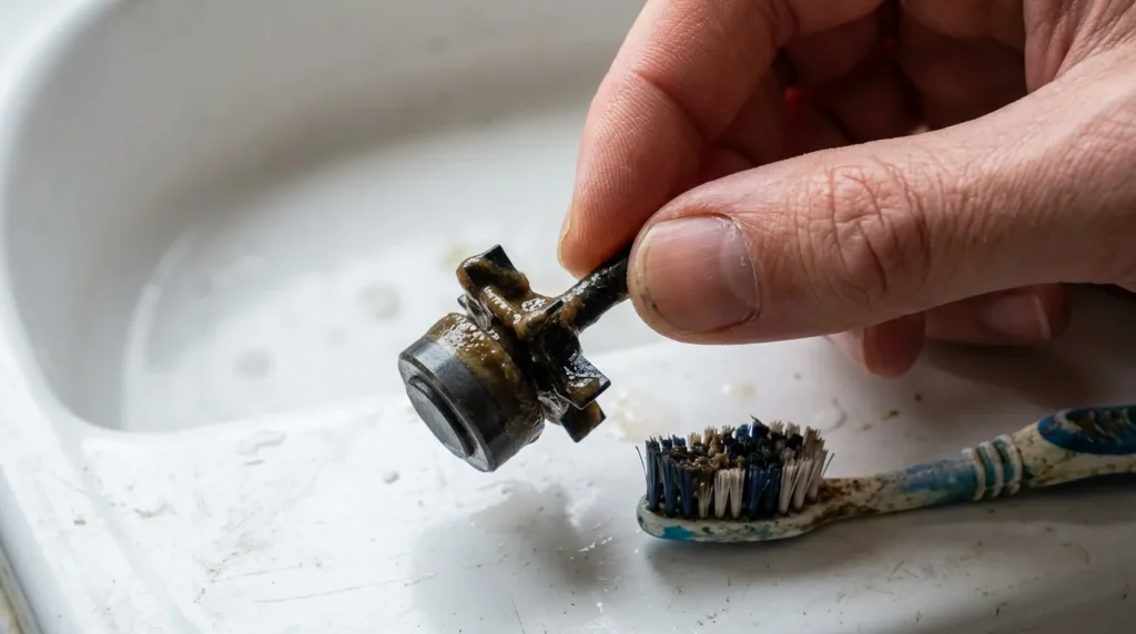 Rotor do filtro retirado, coberto por uma camada de lodo escuro, ao lado de uma escova de dente