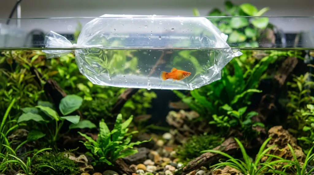 Saquinho com peixe boiando na superfície do aquário durante a aclimatação